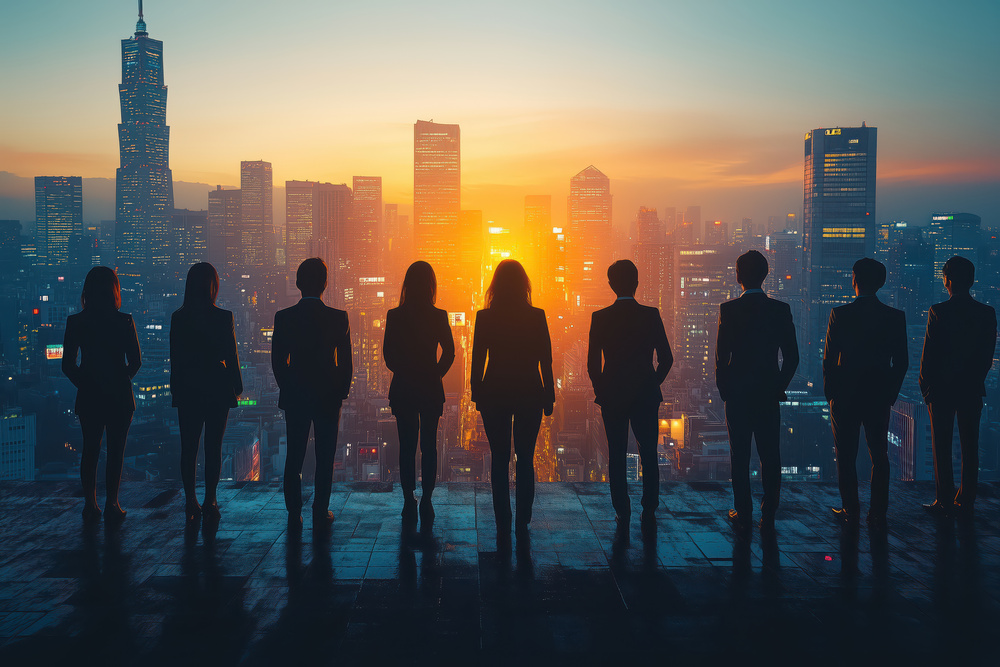business people on roof looking into the distance