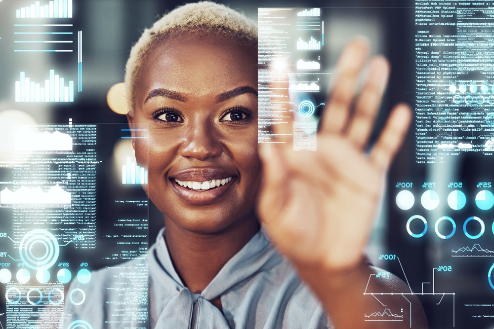 black woman interacting with techy hologram