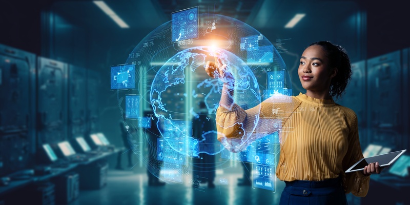 young black woman in lab interacting with analytics in hologram